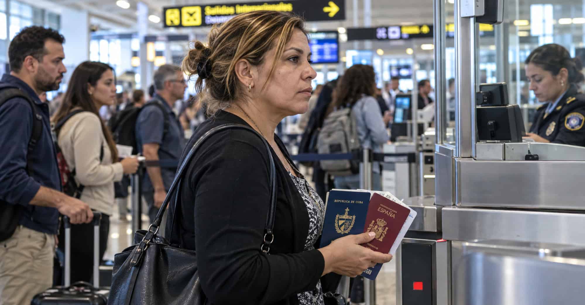 Mujer sostiene pasaportes cubano y español mientras espera en una fila de control migratorio.