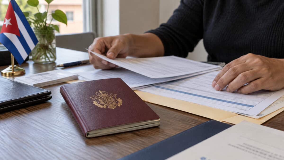 Persona organiza documentos consulares junto a un pasaporte cubano para realizar un trámite desde el exterior.