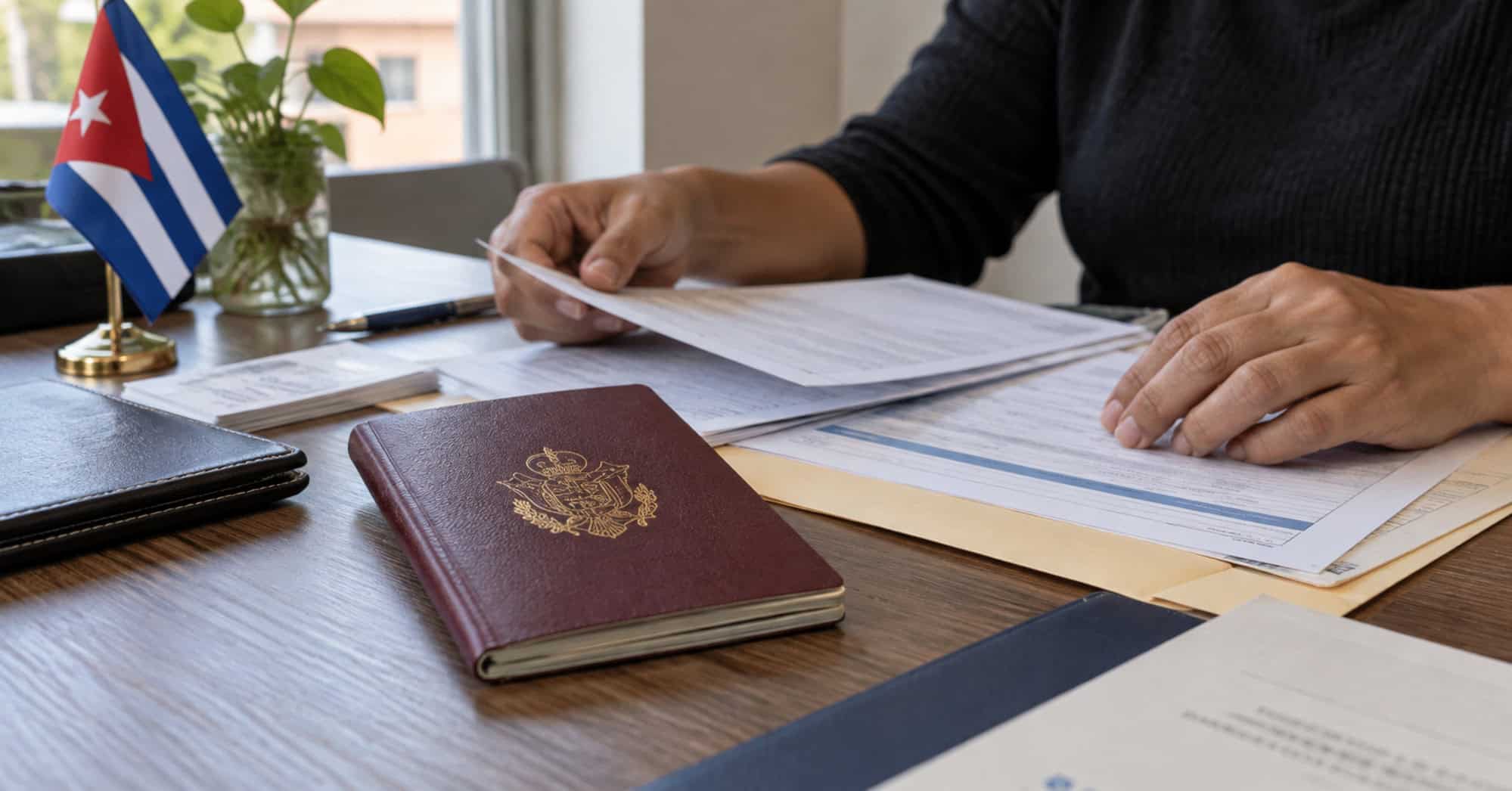 Persona organiza documentos consulares junto a un pasaporte cubano para realizar un trámite desde el exterior.