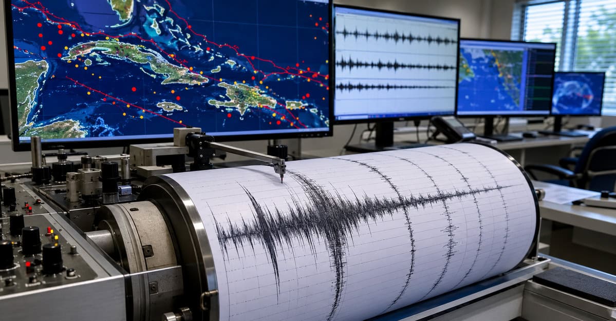 Sismógrafo registrando ondas sísmicas en una estación de monitoreo de Cuba con mapas del Caribe y datos de actividad sísmica al fondo.
