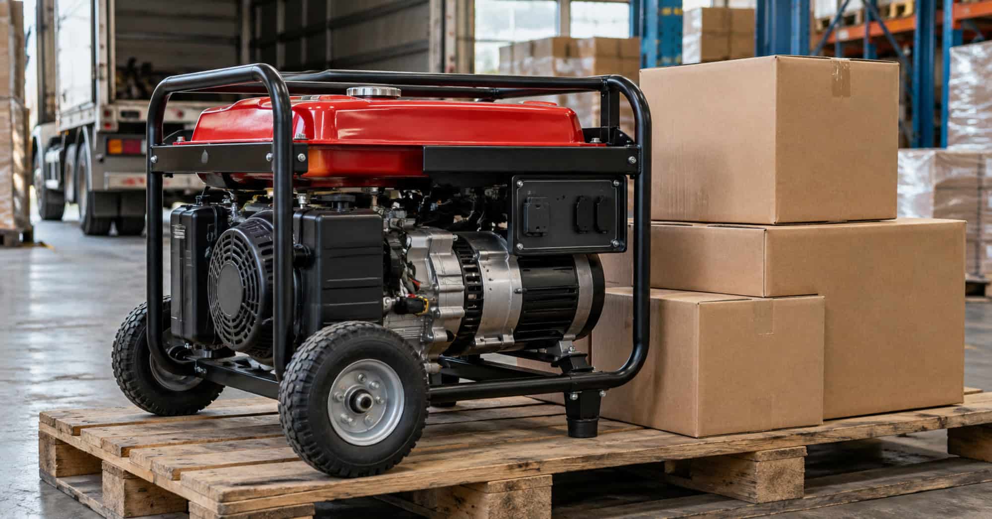 Generador portátil de gasolina con ruedas sobre una plataforma de madera junto a cajas de cartón en un almacén.