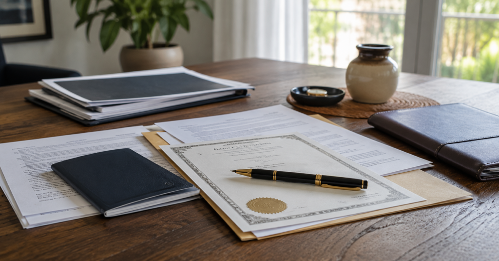 Documentos legales, pasaporte y poder notarial sobre una mesa en un hogar, representando los trámites que pueden realizar los cubanos desde el extranjero.