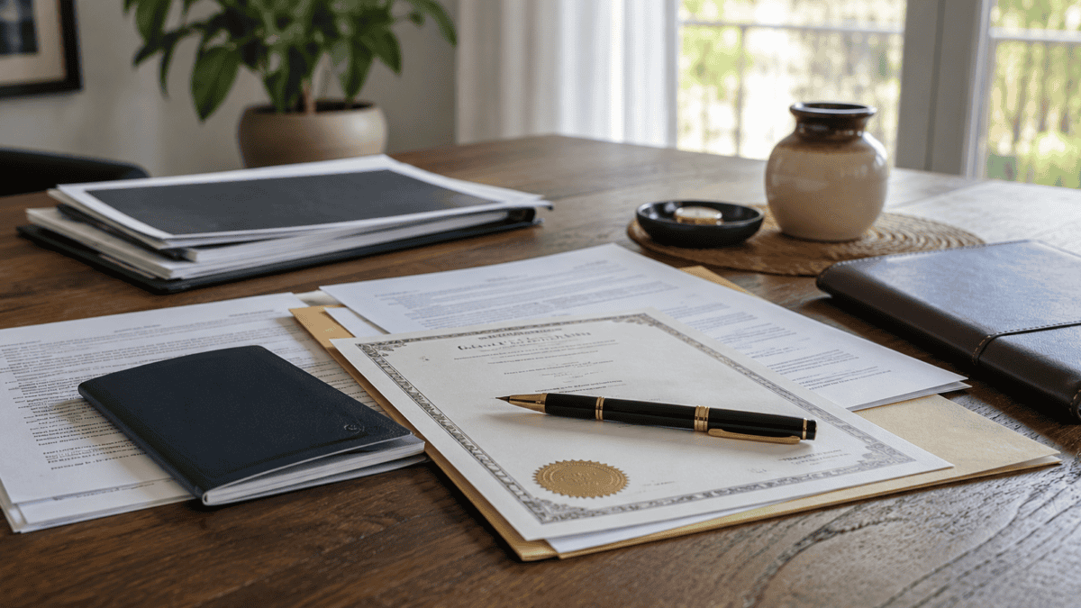 Documentos legales, pasaporte y poder notarial sobre una mesa en un hogar, representando los trámites que pueden realizar los cubanos desde el extranjero.