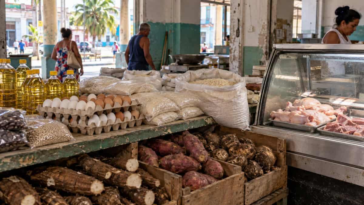 aceites, huevos, arroz y viandas en un mercado de alimentos, junto a una vitrina con pollo y carne de cerdo