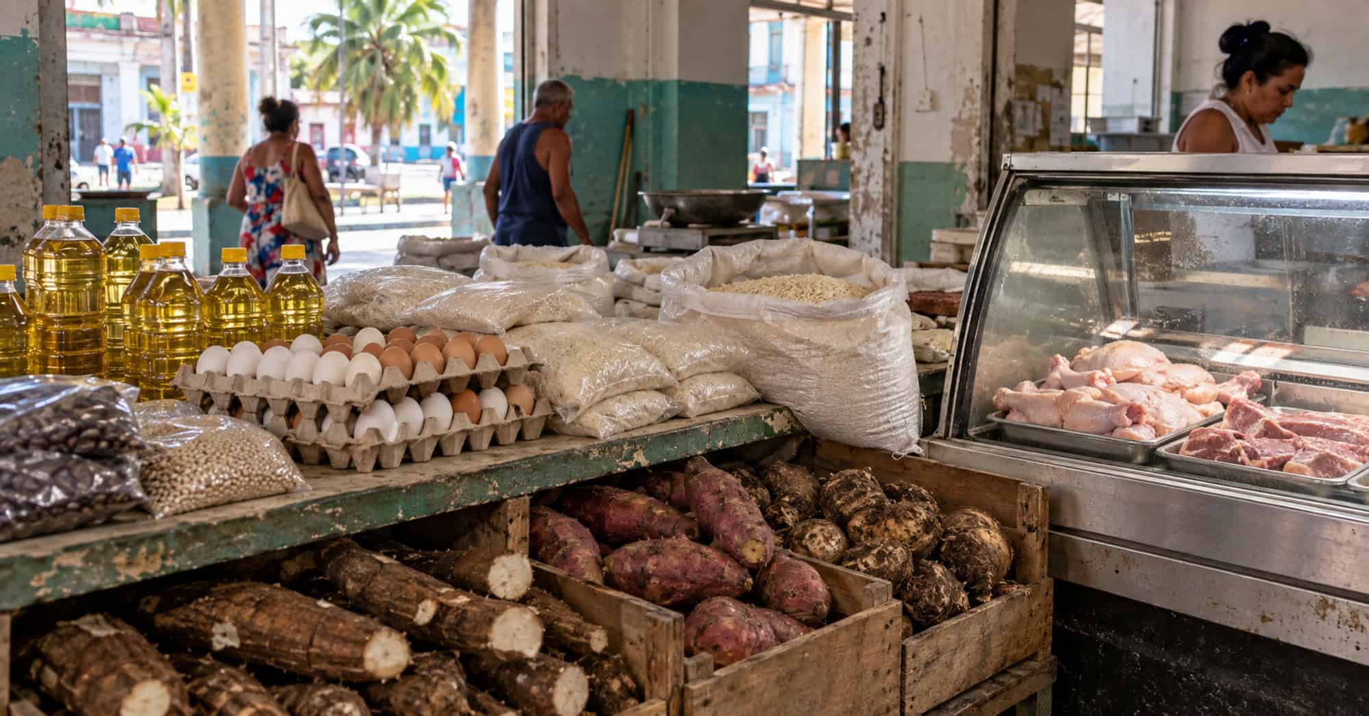 aceites, huevos, arroz y viandas en un mercado de alimentos, junto a una vitrina con pollo y carne de cerdo