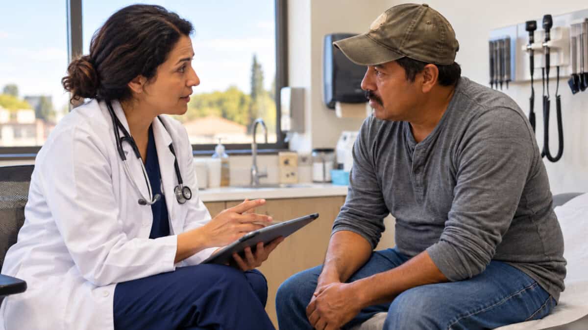 Médico de atención primaria conversa con un paciente adulto inmigrante durante una consulta rutinaria en Estados Unidos.