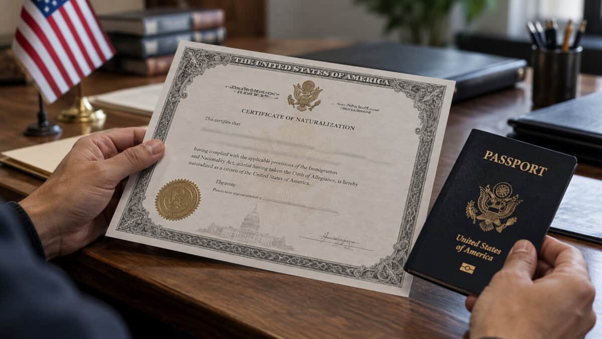 Manos sosteniendo un certificado de naturalización y un pasaporte estadounidense, con una bandera de Estados Unidos al fondo.