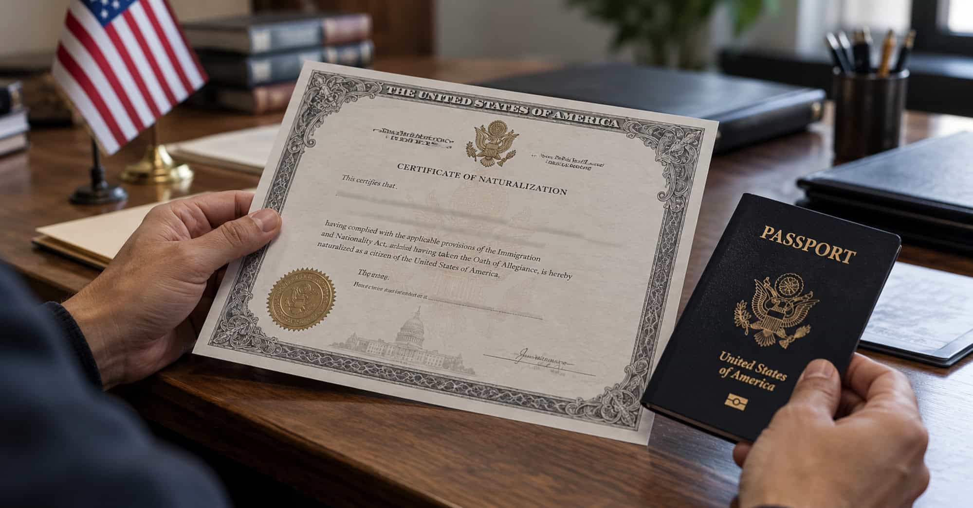 Manos sosteniendo un certificado de naturalización y un pasaporte estadounidense, con una bandera de Estados Unidos al fondo.