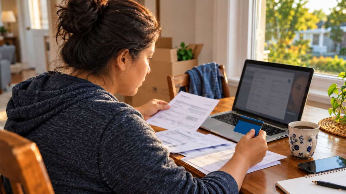 Mujer inmigrante revisa documentos financieros y una tarjeta bancaria mientras utiliza una laptop en su vivienda en Estados Unidos.