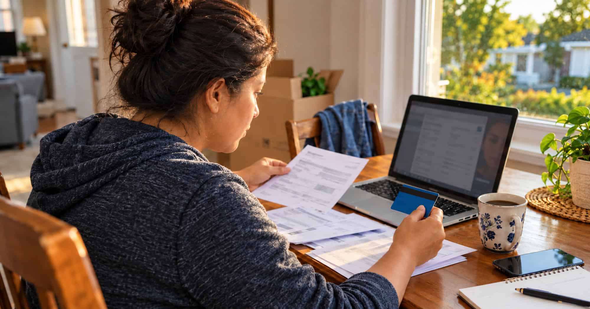 Mujer inmigrante revisa documentos financieros y una tarjeta bancaria mientras utiliza una laptop en su vivienda en Estados Unidos.