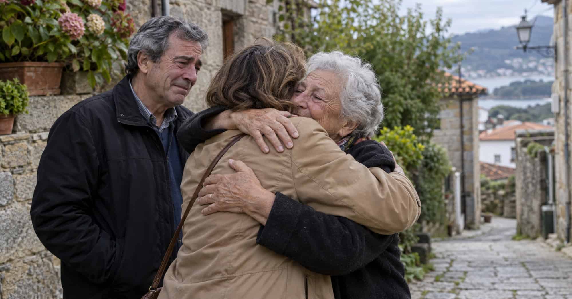 Mujer mayor abraza a una familiar junto a un hombre en una calle de piedra de una localidad gallega.