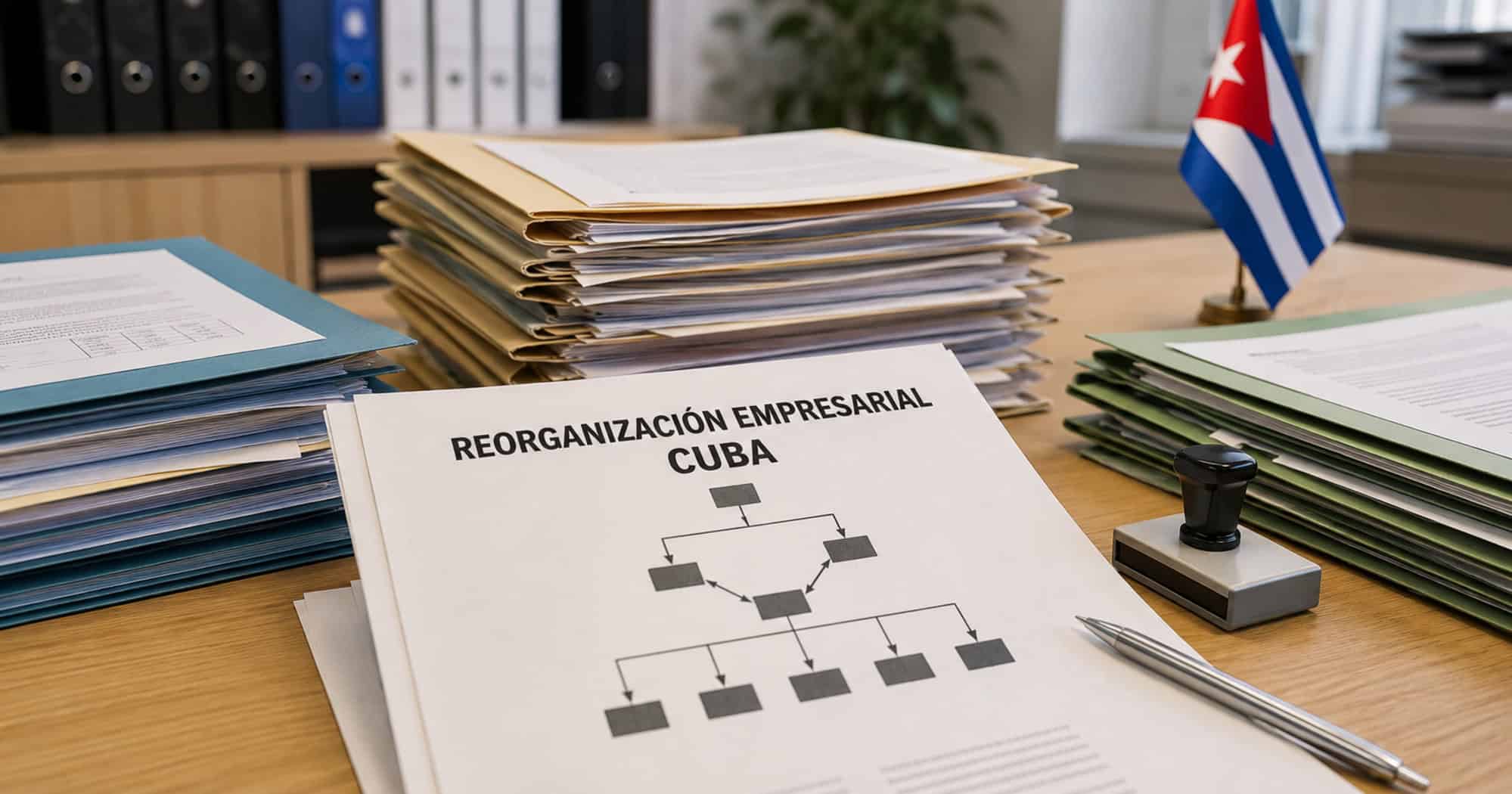 Expedientes y documento sobre reorganización empresarial sobre una mesa de oficina, junto a una bandera cubana.