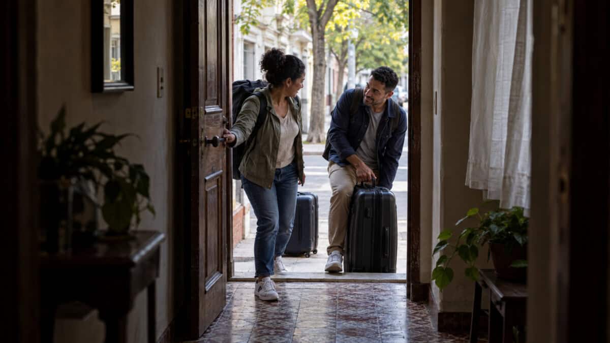 Pareja con maletas entra en una vivienda de Montevideo, vista desde el pasillo interior.