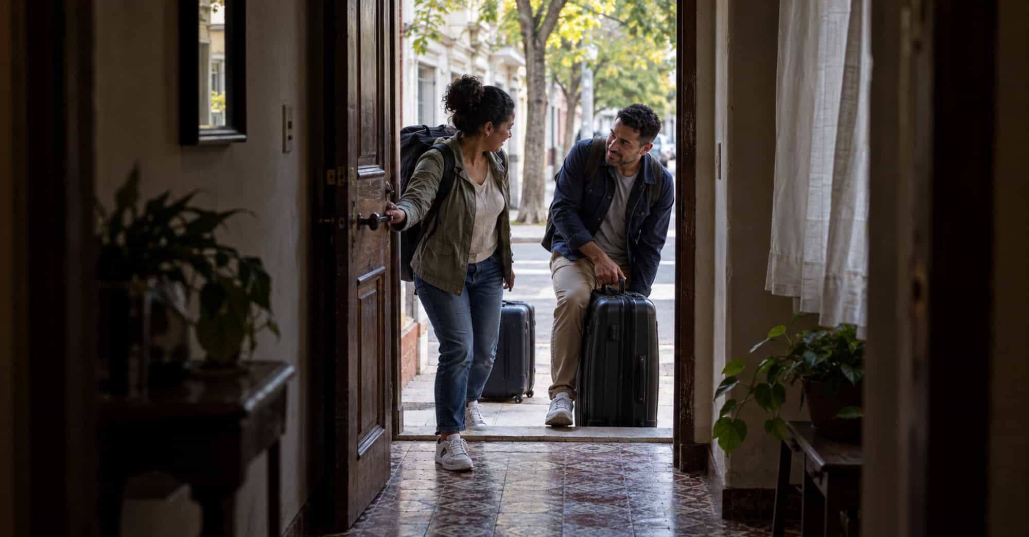 Pareja con maletas entra en una vivienda de Montevideo, vista desde el pasillo interior.
