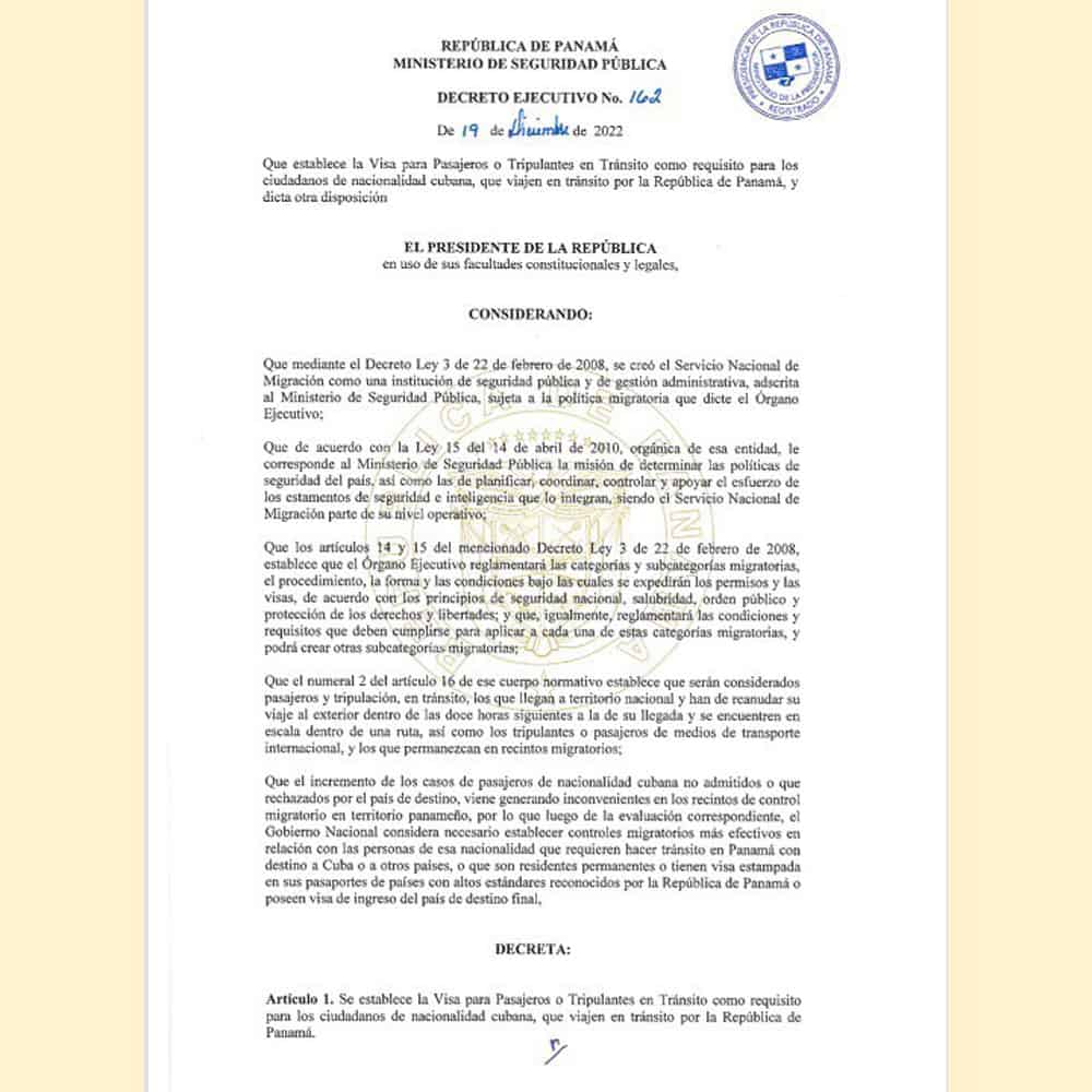 resolucion visa de transito para cubanos a panama