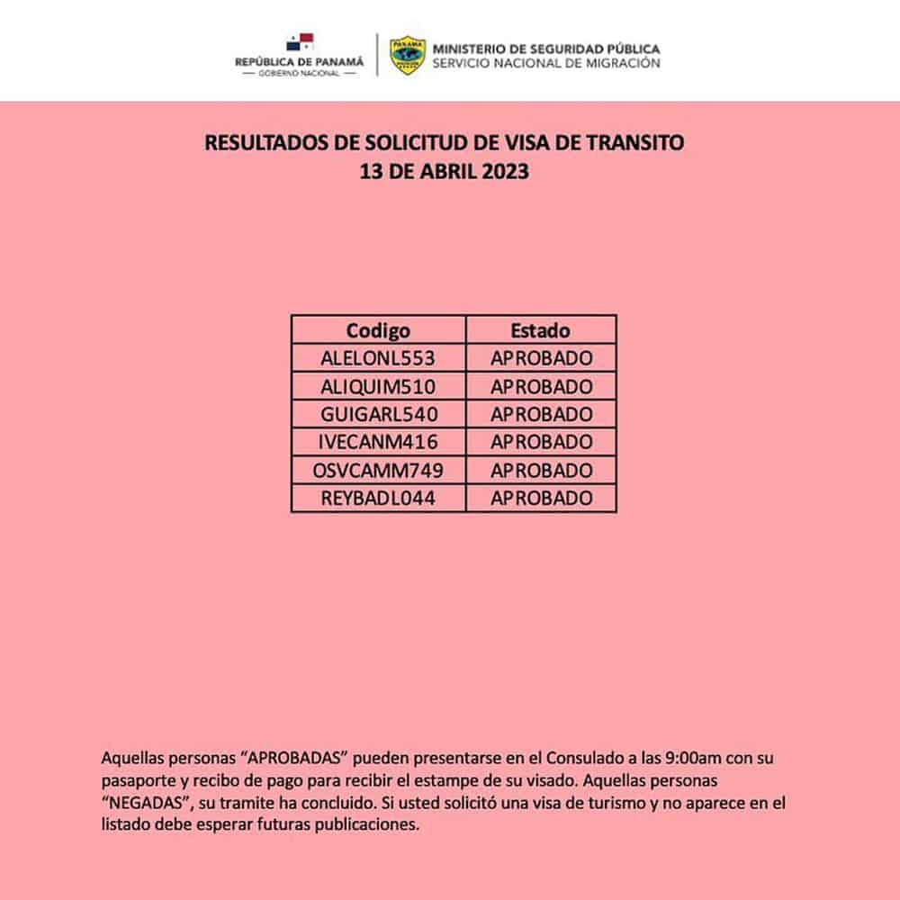 resultados de solicitud de visa de transito 13 de abril del 2013