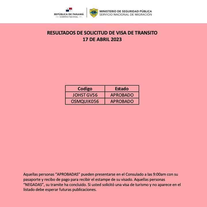 resultados de solicitud de visas de transito 17 de abril 2023