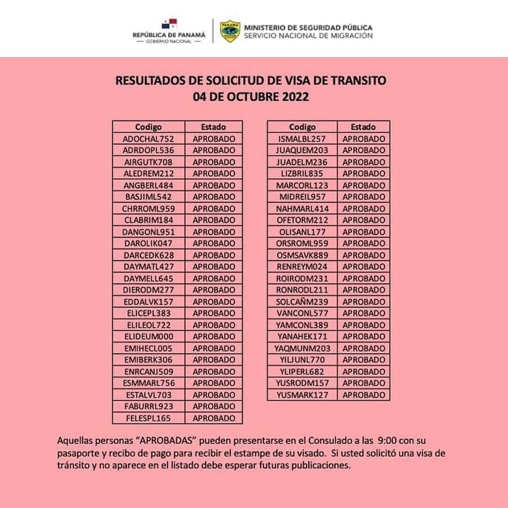 resultados visa de transito panama 4 octubre