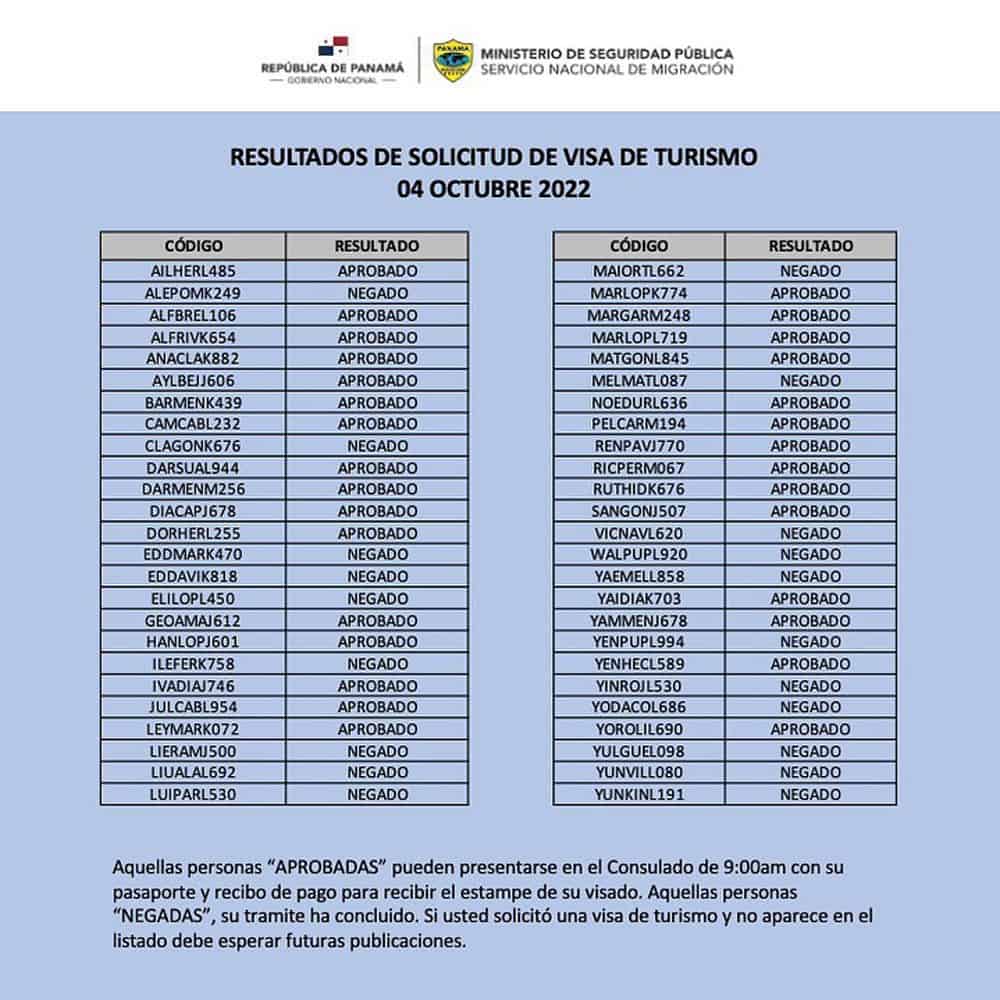 resultados visa de turismo panama 4 octubre