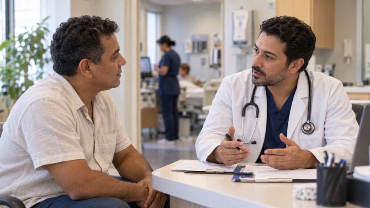 Hombre cubano conversa con un médico durante una consulta en una clínica de Estados Unidos.