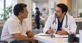 Hombre cubano conversa con un médico durante una consulta en una clínica de Estados Unidos.