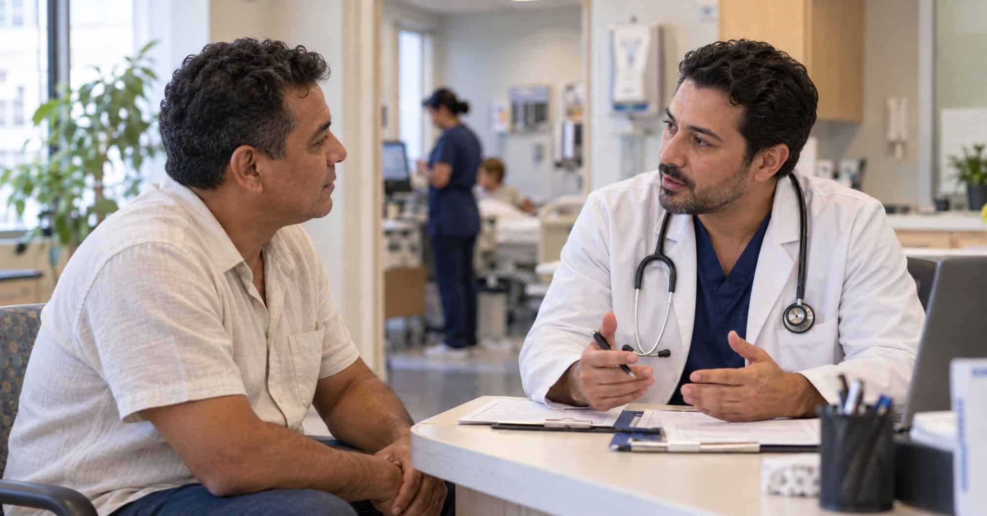 Hombre cubano conversa con un médico durante una consulta en una clínica de Estados Unidos.