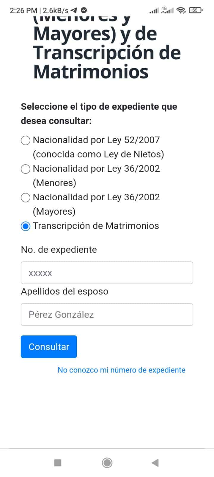 seleccionar si es un expediente de Nacionalidad o de Transcripción de Matrimonios