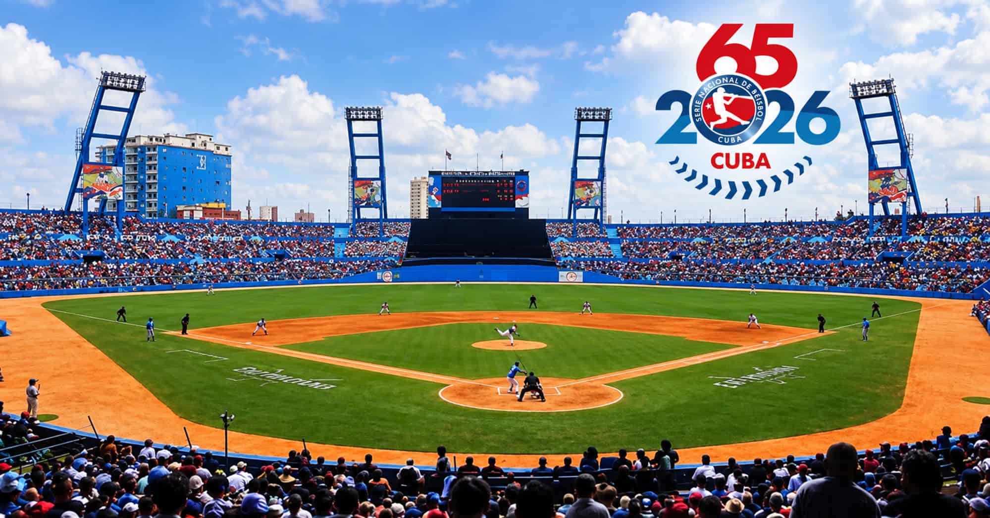 Vista del Estadio Latinoamericano con aficionados y jugadores, junto al emblema de la 65 Serie Nacional de Béisbol de Cuba.