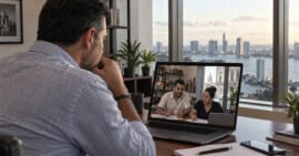 Empresario cubano residente en el exterior participa en una videollamada con socios de una empresa privada en La Habana.
