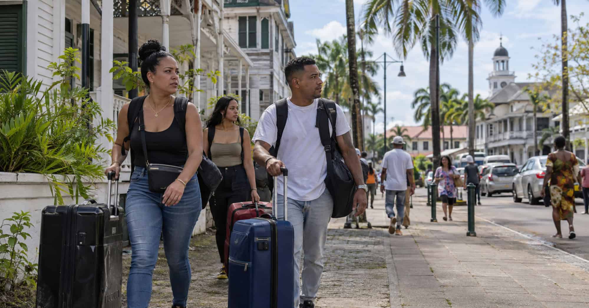 Tres viajeros con maletas caminan por una calle inspirada en Paramaribo, Surinam.