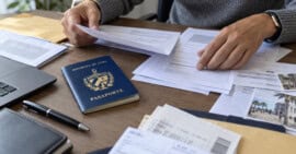 Persona organiza formularios consulares junto a un pasaporte cubano cerrado.