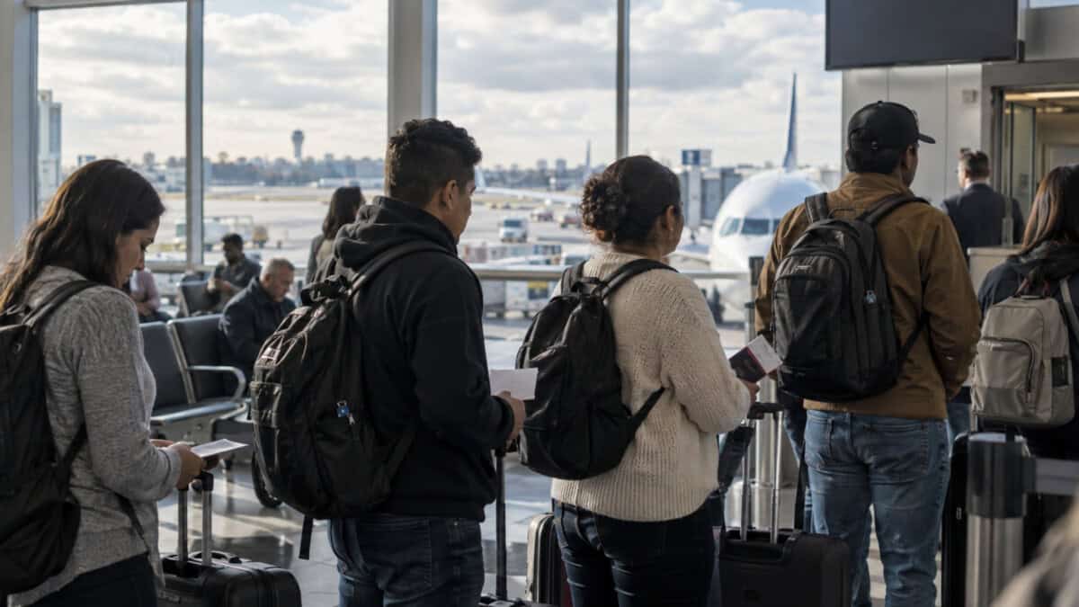 Grupo de adultos con equipaje de mano y documentos espera cerca de una puerta de embarque en un aeropuerto.