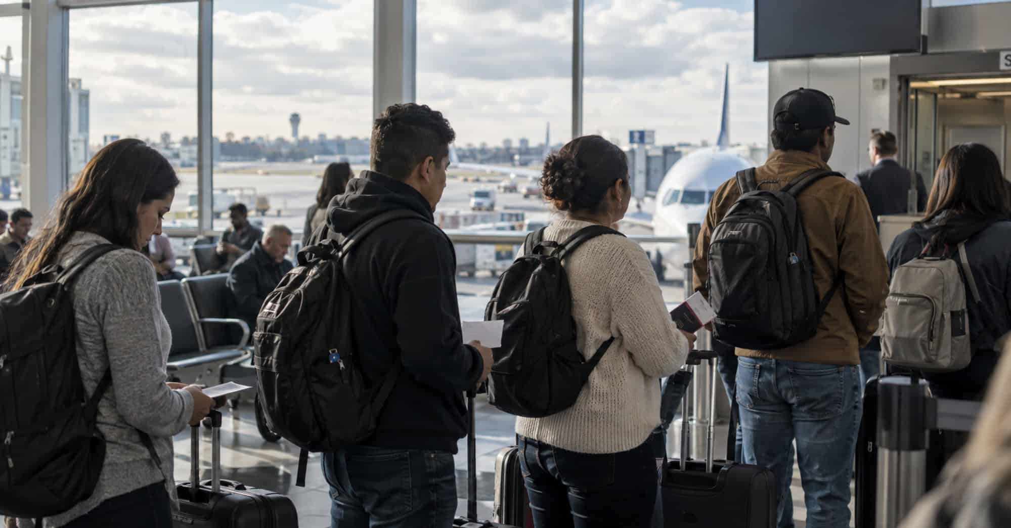 Grupo de adultos con equipaje de mano y documentos espera cerca de una puerta de embarque en un aeropuerto.