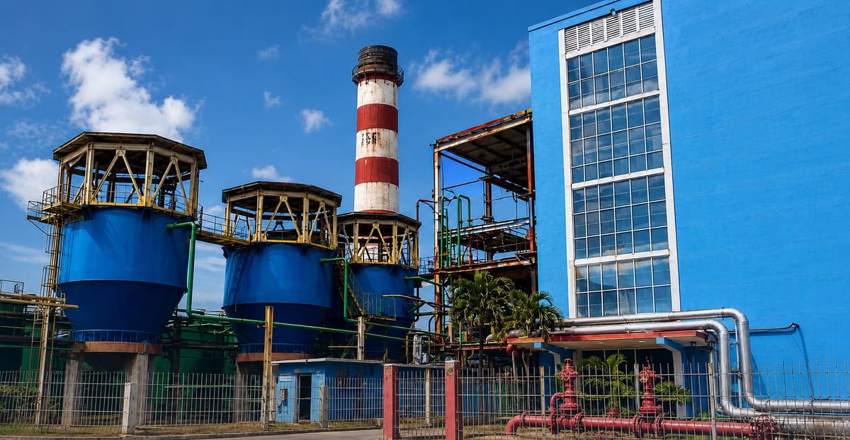 Vista panorámica de una central termoeléctrica en Cuba con tanques industriales, chimenea y edificio de generación eléctrica.