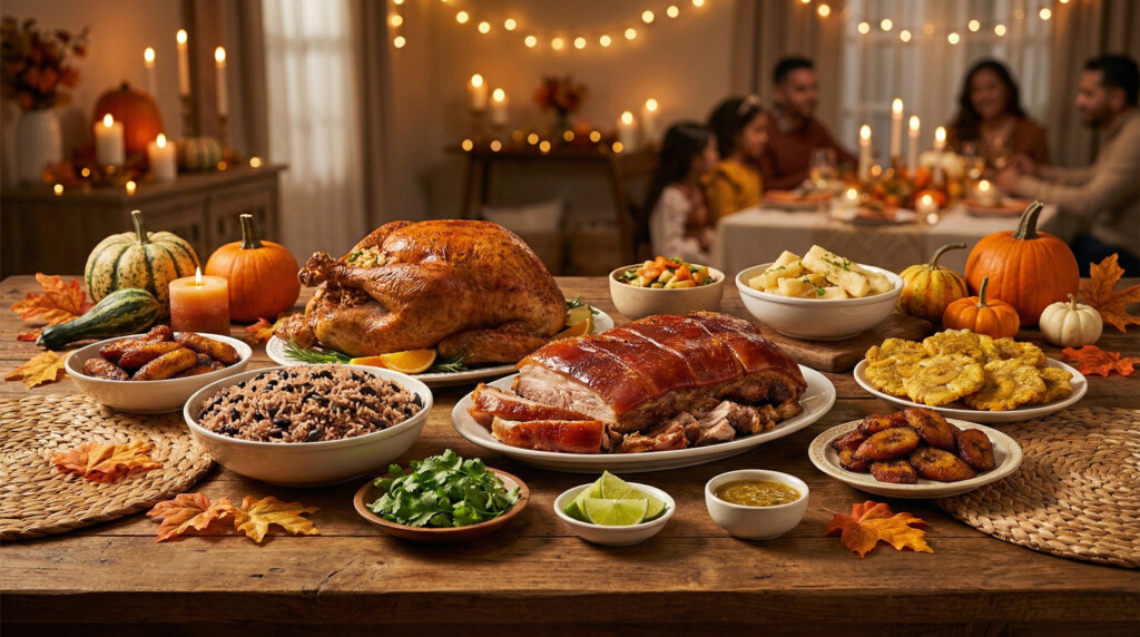 Mesa de Thanksgiving con recetas cubanas: pollo al mojo, moros, plátanos maduros y yuca