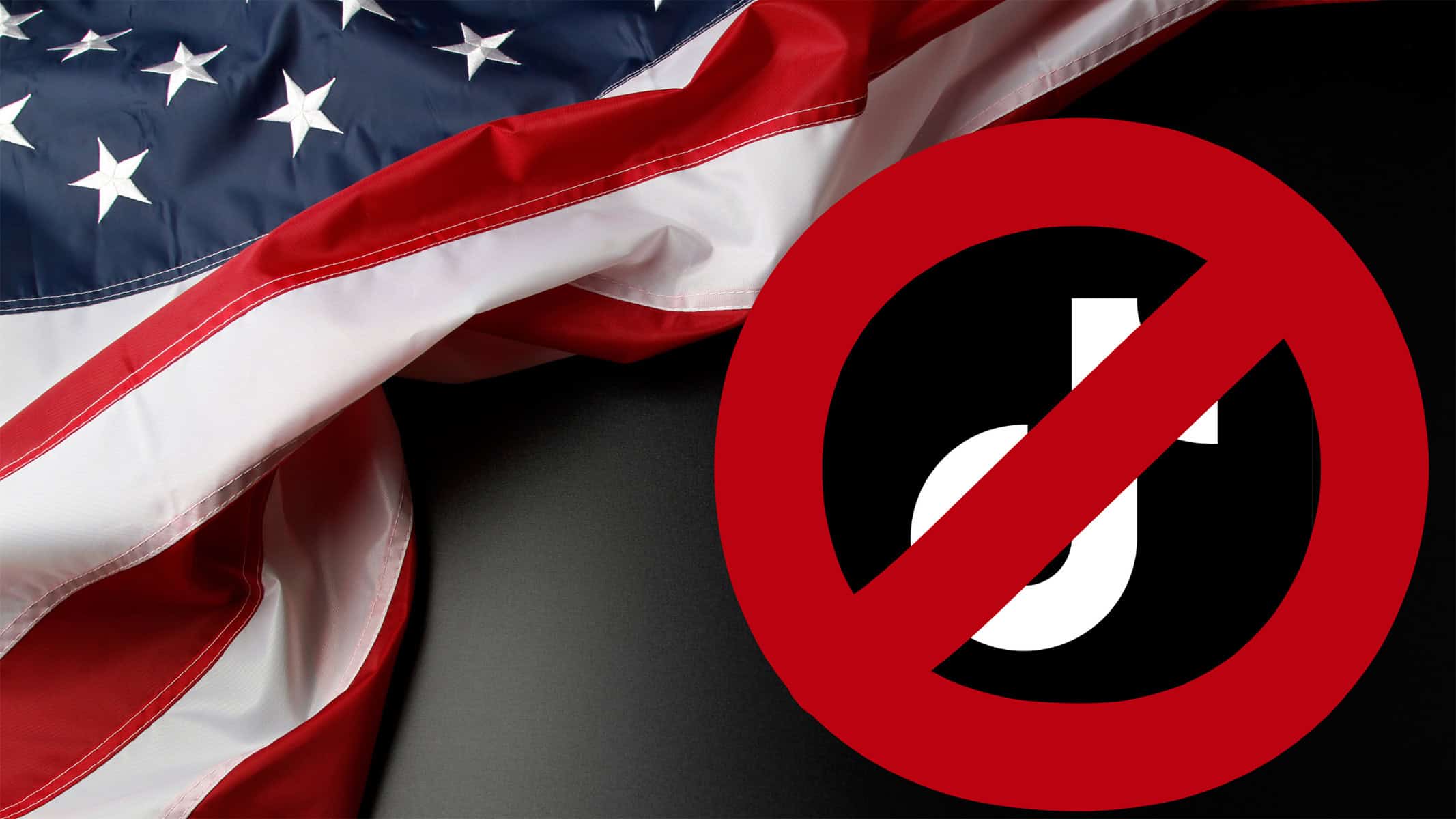 Bandera de Estados Unidos junto al símbolo de TikTok con una señal de prohibición.