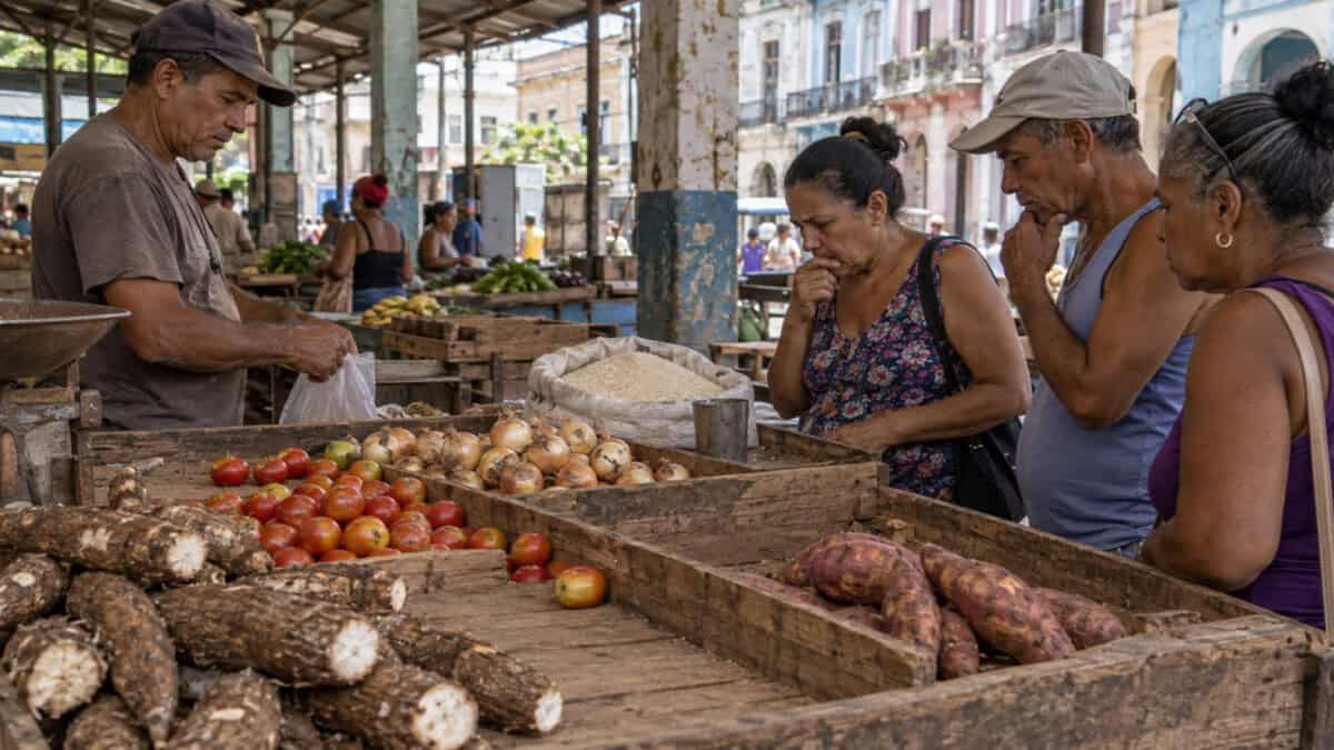 Vendedor y compradores en un mercado cubano con arroz, tomates, cebollas, yuca y boniatos en puestos de madera.