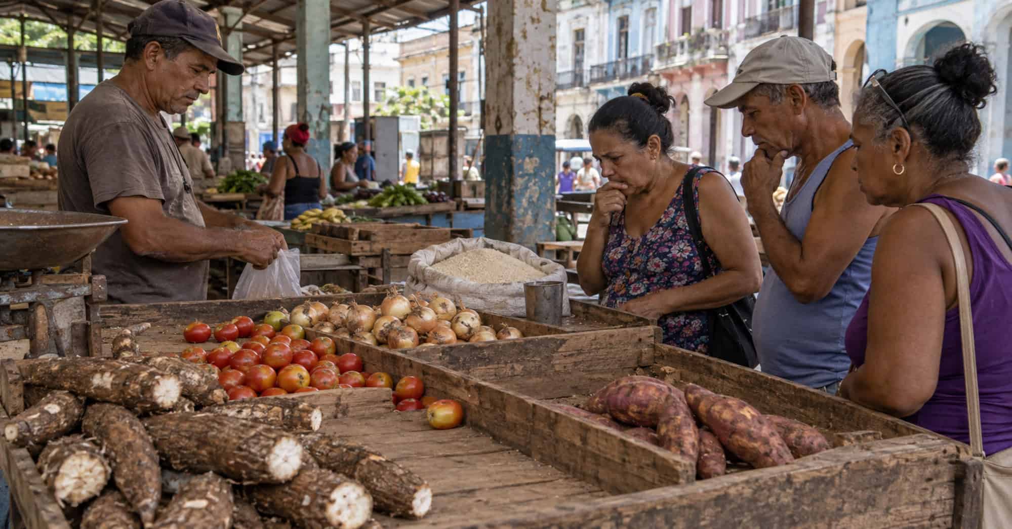 Vendedor y compradores en un mercado cubano con arroz, tomates, cebollas, yuca y boniatos en puestos de madera.