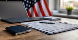 Documentos migratorios, pasaporte cerrado y carpeta de solicitud laboral sobre una mesa de trabajo con una bandera de Estados Unidos al fondo.