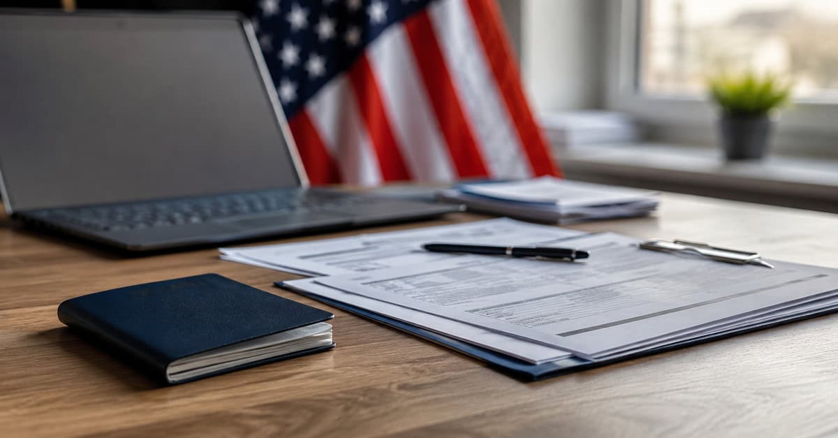 Documentos migratorios, pasaporte cerrado y carpeta de solicitud laboral sobre una mesa de trabajo con una bandera de Estados Unidos al fondo.