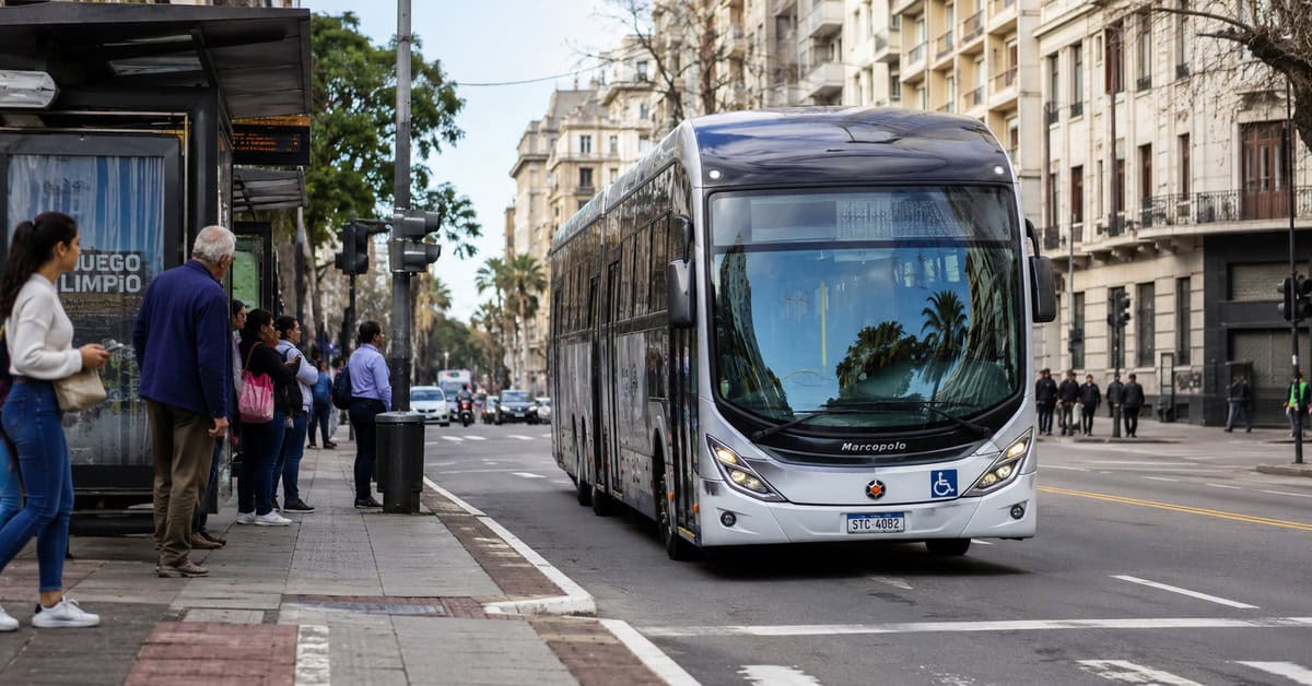 Ómnibus de transporte público circulando por una avenida de Montevideo, Uruguay.