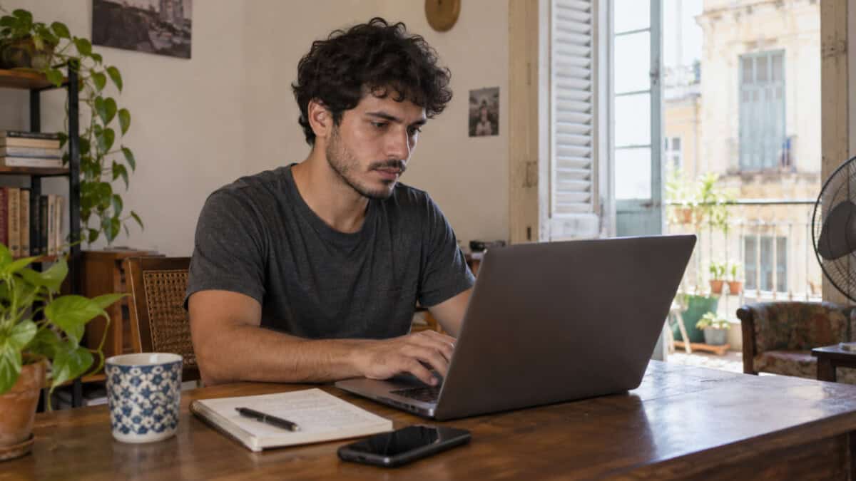 Joven profesional cubano trabaja con una laptop desde una vivienda en Cuba.