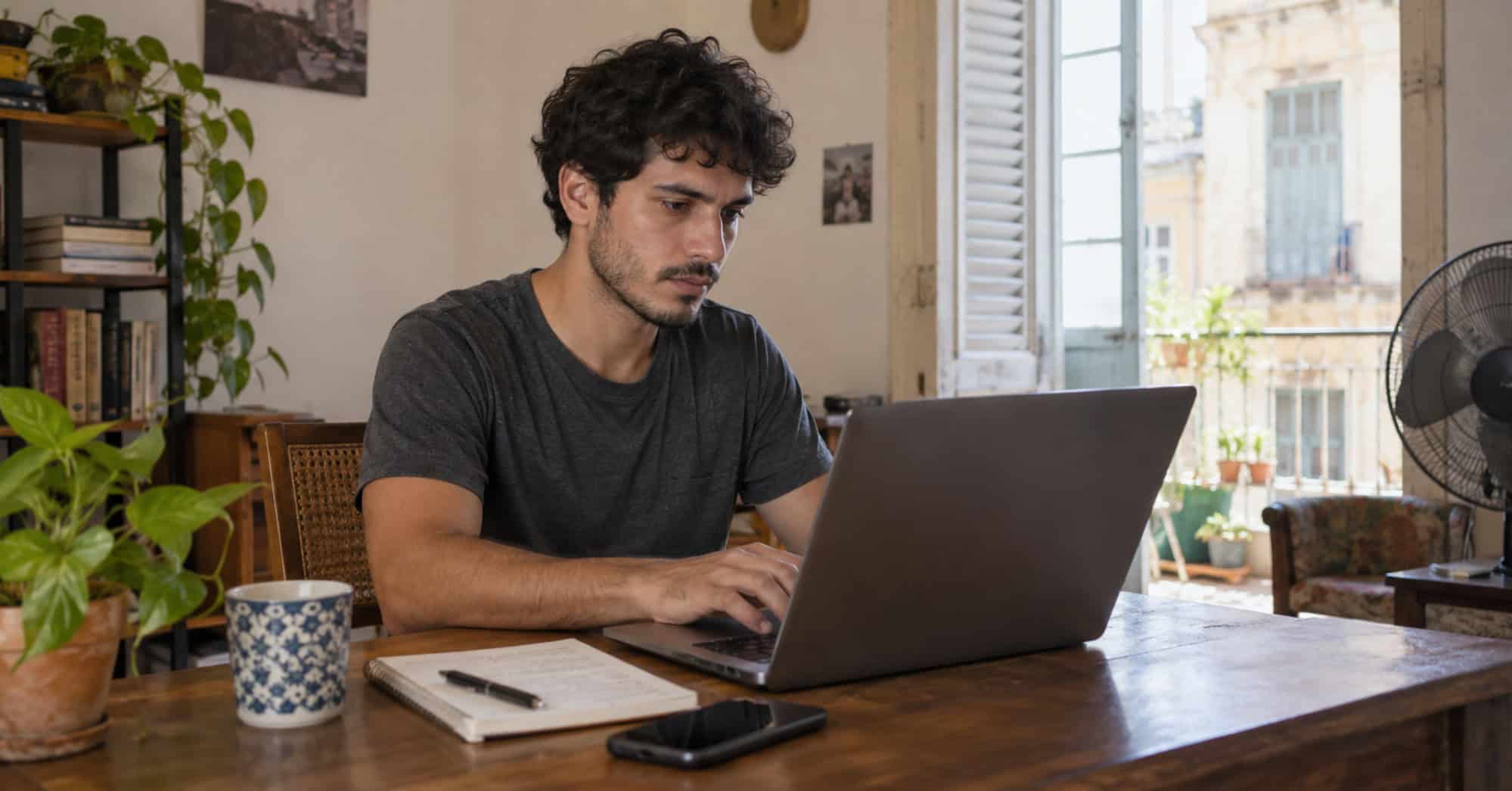 Joven profesional cubano trabaja con una laptop desde una vivienda en Cuba.