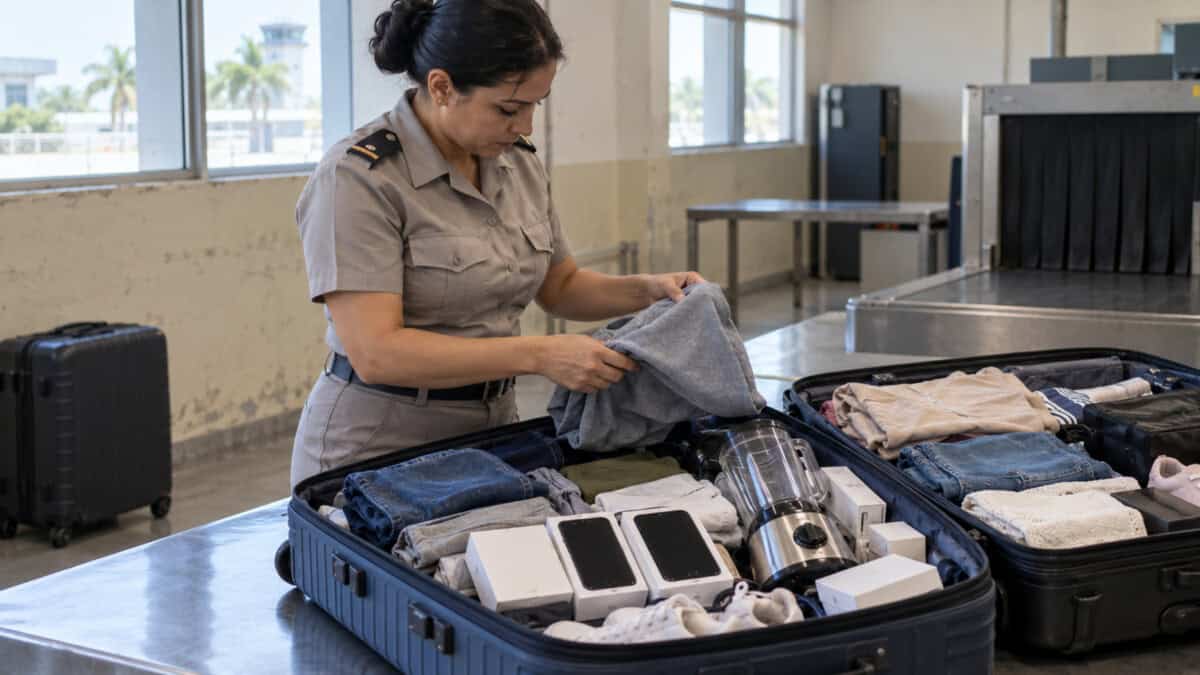 Funcionaria de aduanas revisa maletas abiertas con ropa, cajas de celulares y un pequeño electrodoméstico.