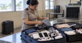 Funcionaria de aduanas revisa maletas abiertas con ropa, cajas de celulares y un pequeño electrodoméstico.