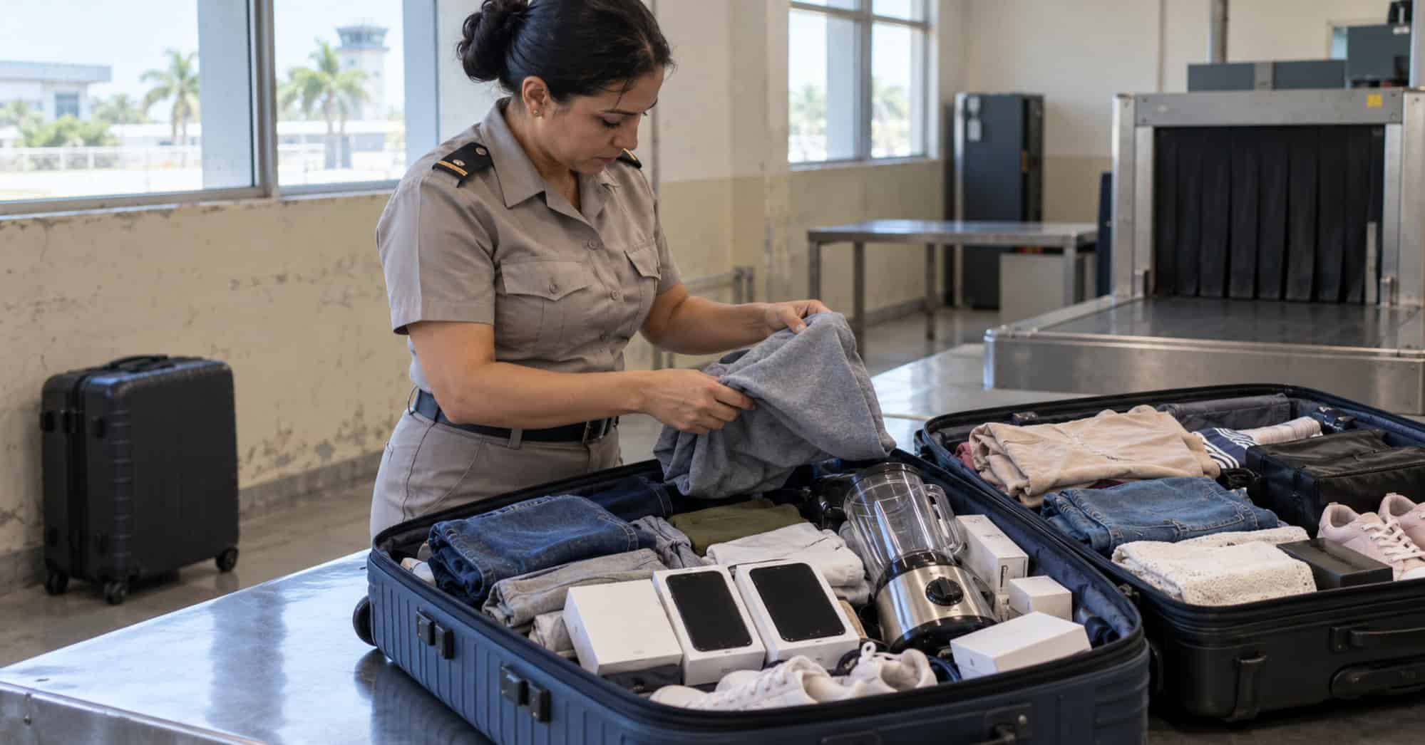 Funcionaria de aduanas revisa maletas abiertas con ropa, cajas de celulares y un pequeño electrodoméstico.