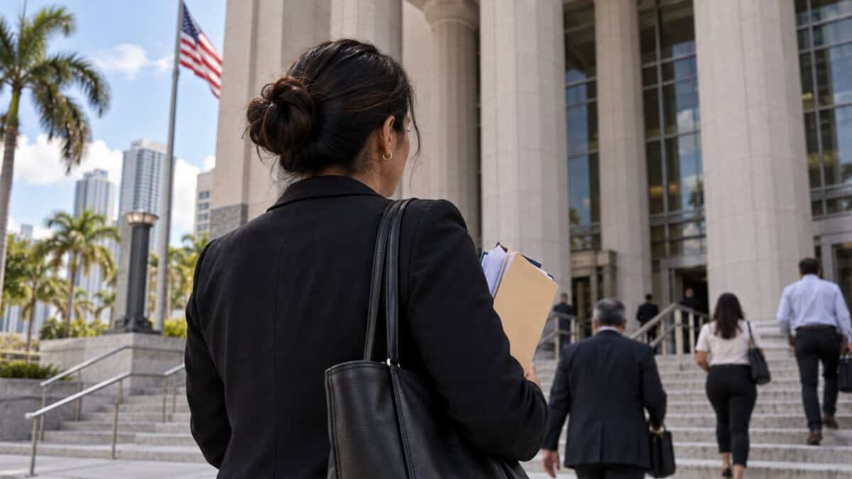 Mujer de espaldas con una carpeta de documentos frente a un tribunal estadounidense en Miami.