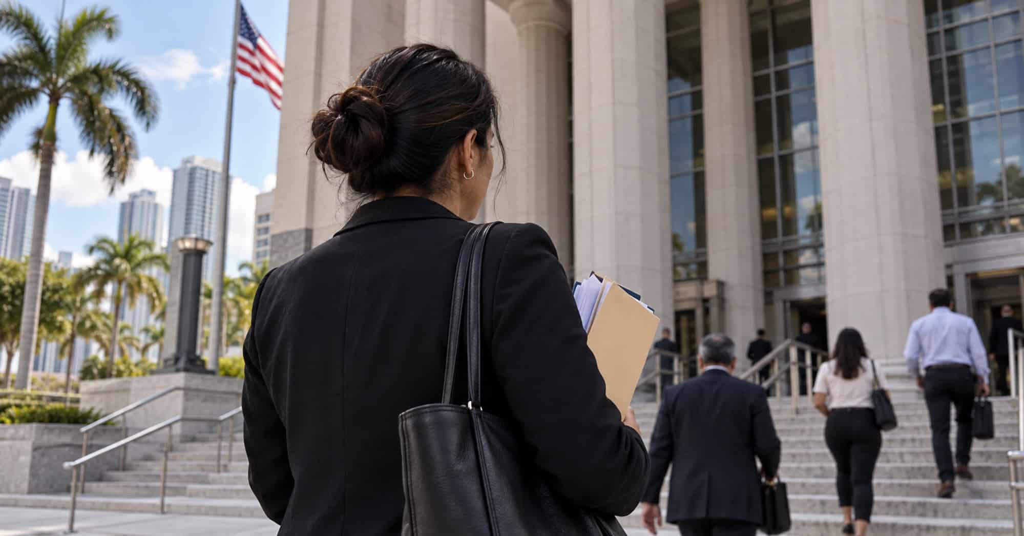 Mujer de espaldas con una carpeta de documentos frente a un tribunal estadounidense en Miami.