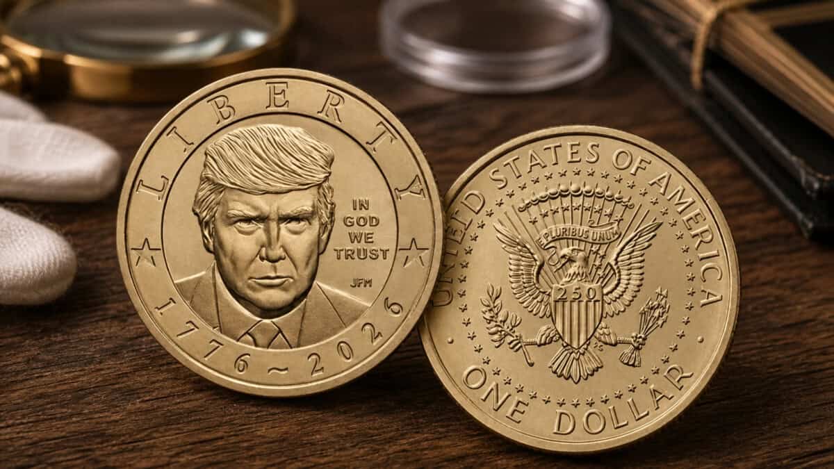 Dos monedas doradas sobre una mesa de coleccionista, una con el retrato de Donald Trump y otra con un águila en relieve.