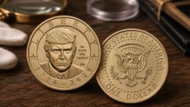 Dos monedas doradas sobre una mesa de coleccionista, una con el retrato de Donald Trump y otra con un águila en relieve.